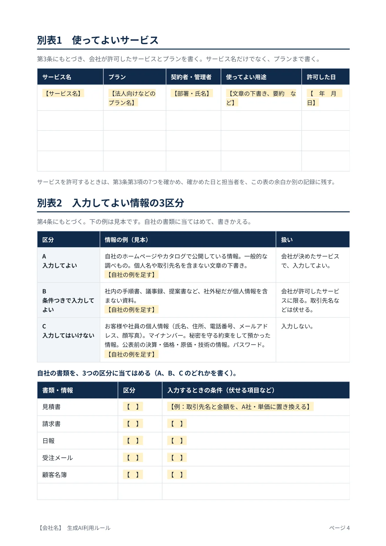 生成AIの社内利用ルール ひな形「別表(入力してよい情報の3区分)」の見本